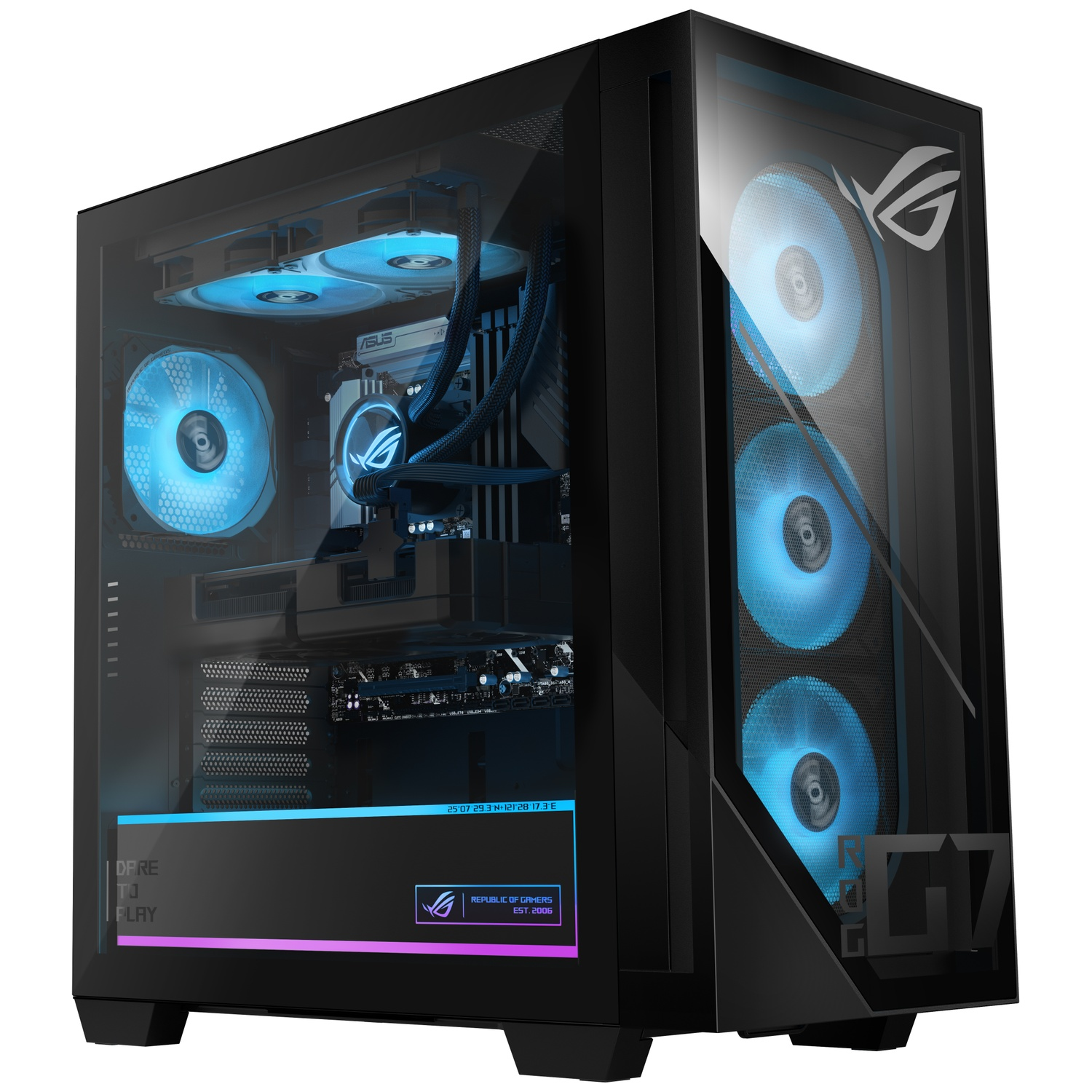 Zwarte PC-kast met blauwe ventilatoren en glazen ramen.