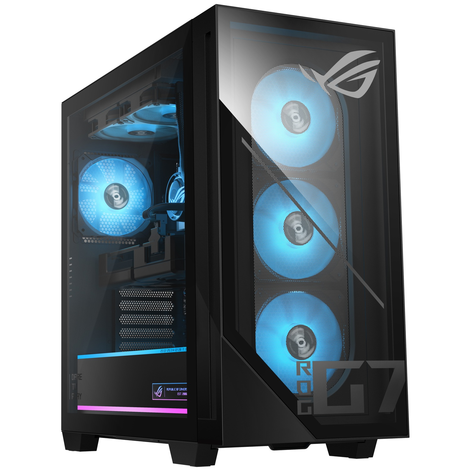 Zwarte computertoren met blauw gloeiende ventilatoren en ROG-logo. Glazen zijpaneel.