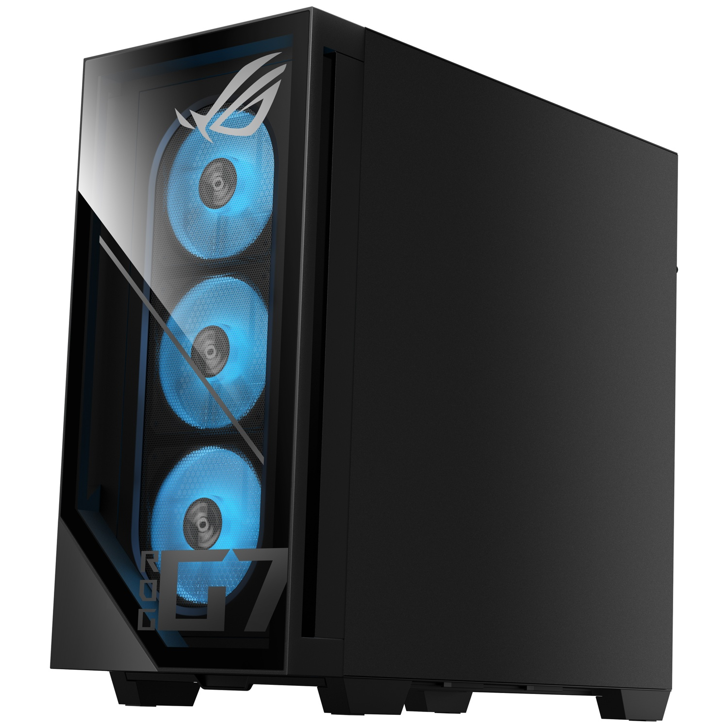 Zwarte pc-toren met verlichte blauwe ventilatoren en ROG-logo.