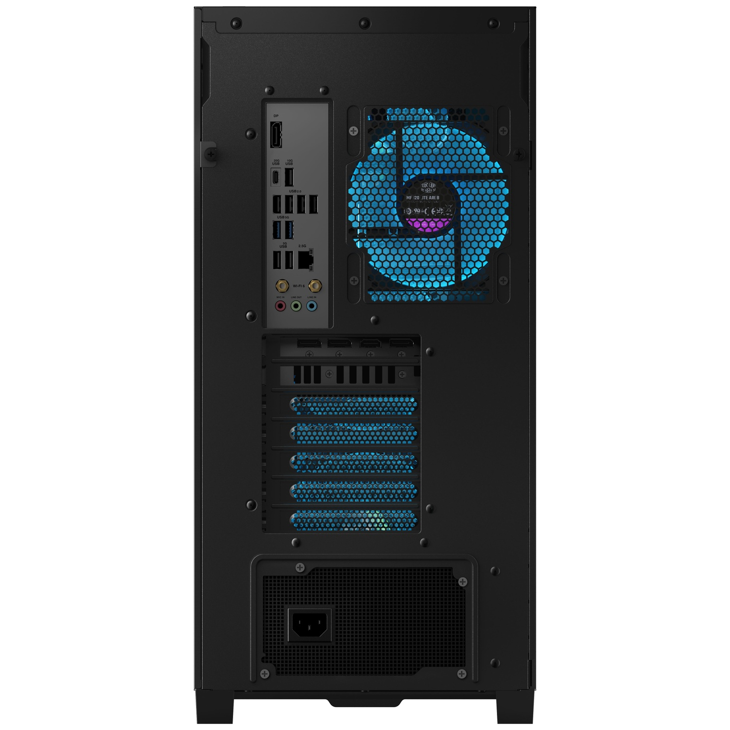 Achterkant van een zwarte computertoren met poorten, een blauw verlichte ventilator en stroomingang.