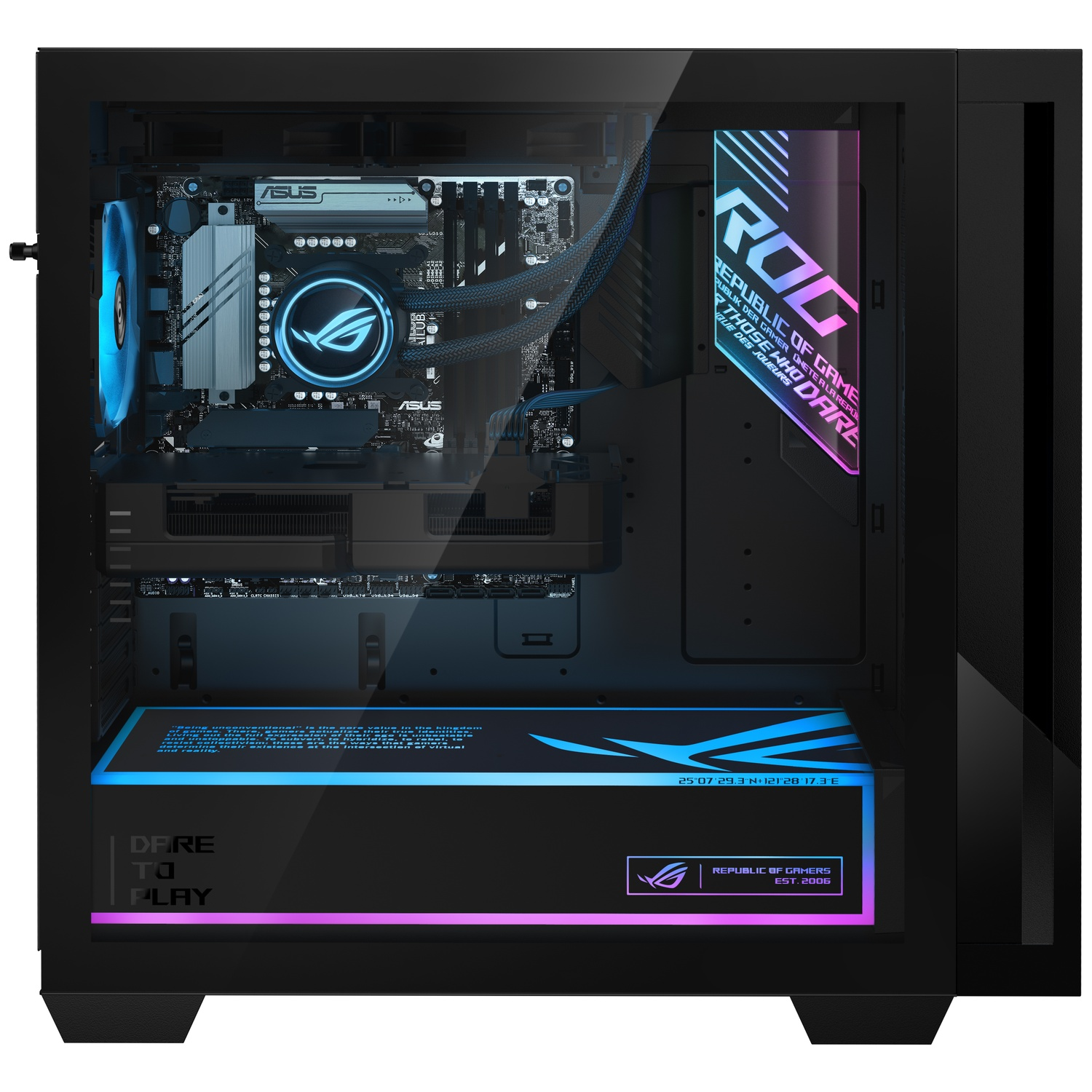 Een verlichte pc met ROG-logo, ASUS-componenten en RGB-verlichting.