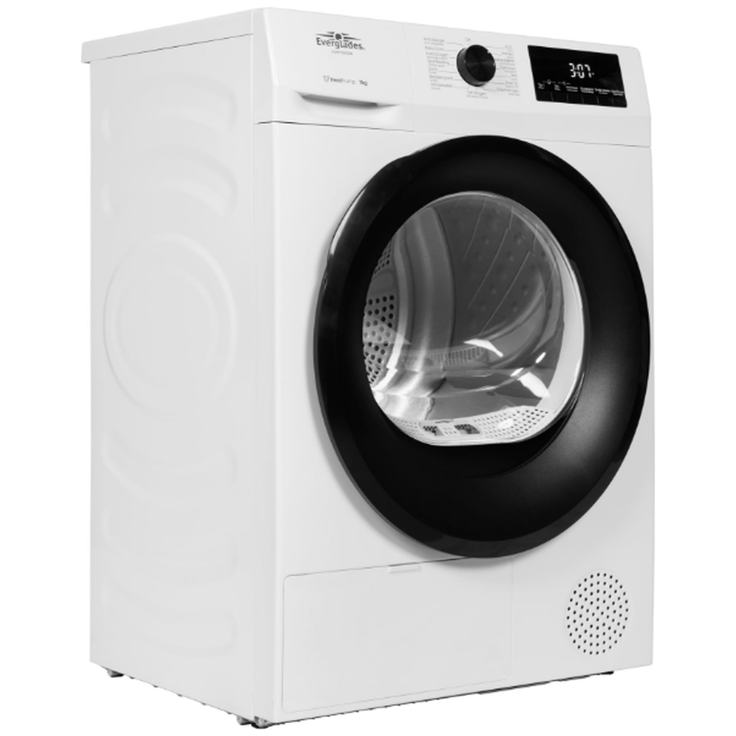 A white washing machine with a black porthole and digital display.