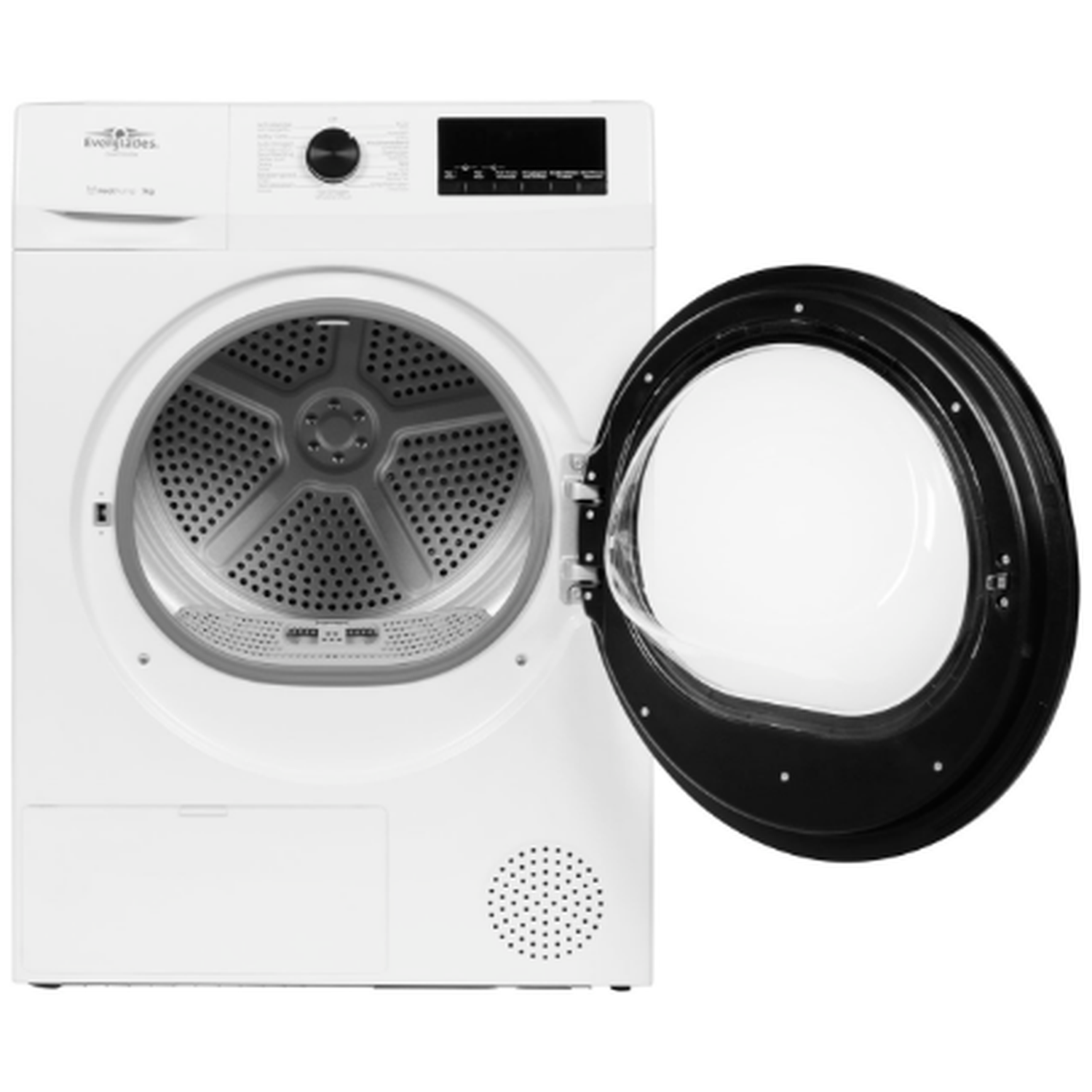 White washing machine with open black door and visible drum.