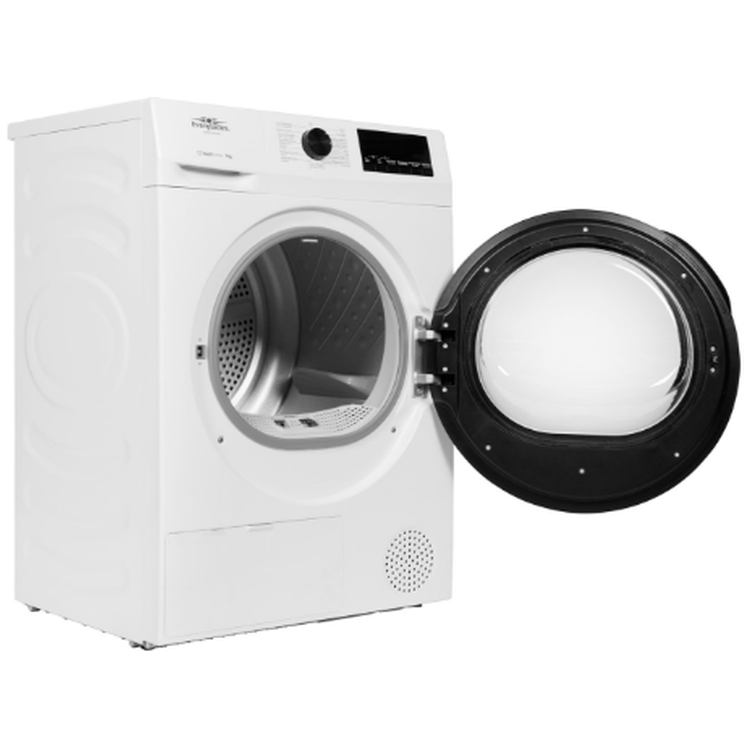 A white dryer with its door open shows a metallic drum and control panel.
