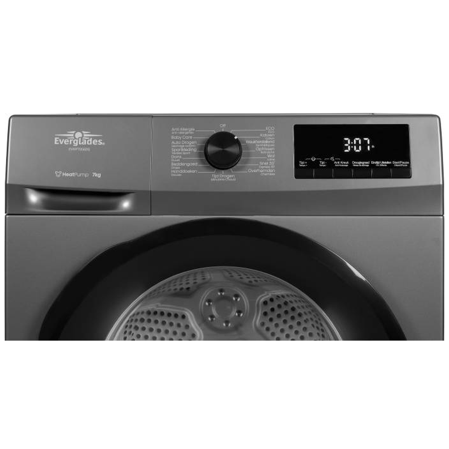 Gray dryer with control panel, display shows 3:07.