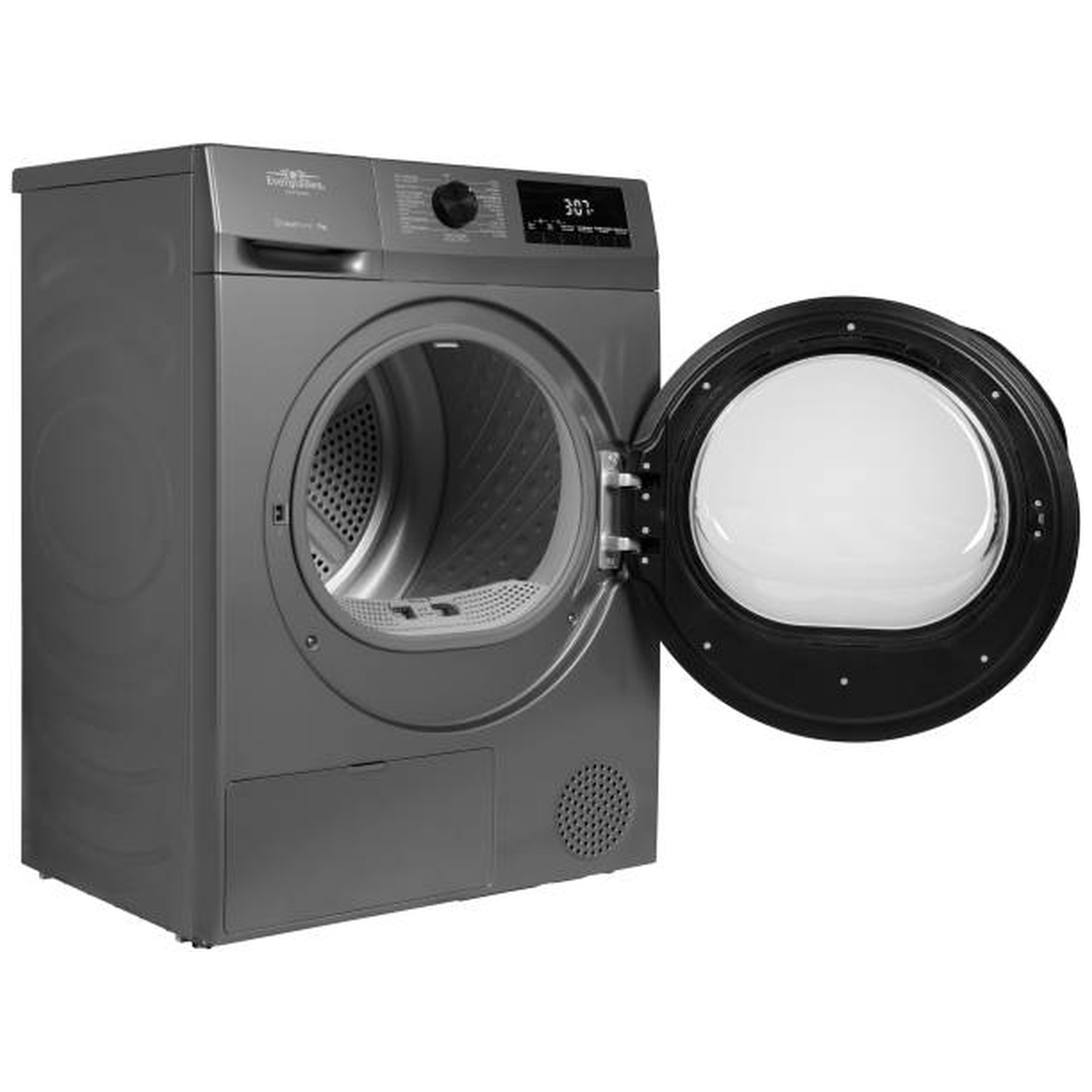 Gray clothes dryer with open door and digital display.