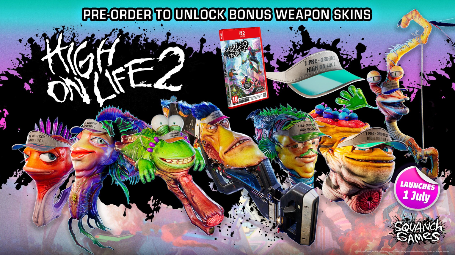 Postacie z gry z przesadzonymi cechami, pudełko gry i bronie. Premiera 1 lipca.