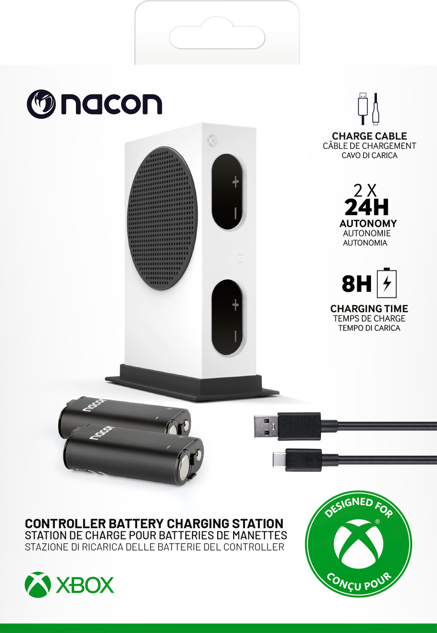 Nacon Controller-Ladestation mit zwei Akkus und USB-C-Kabel.