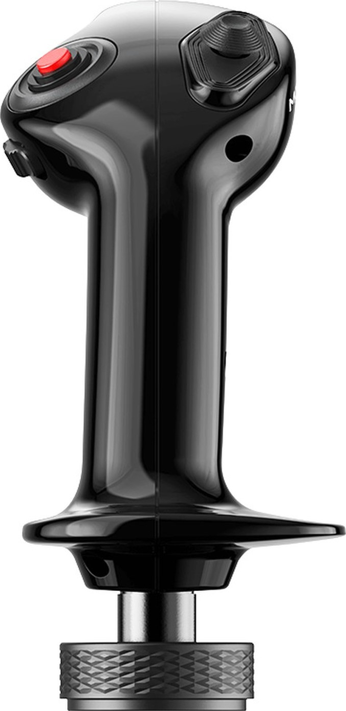 Manico joystick nero con pulsante rosso, quadrante e base argentata.