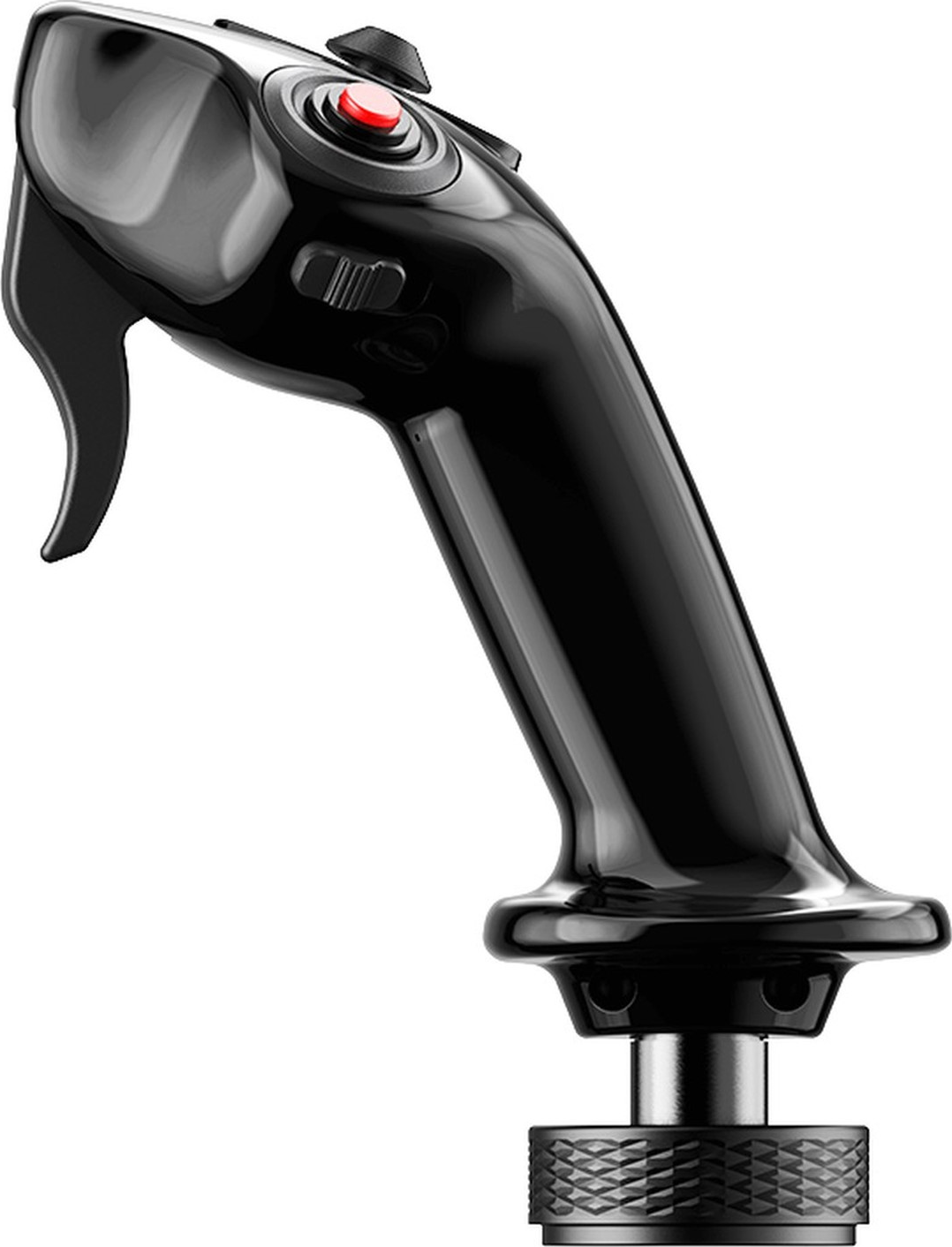 Un joystick nero lucido con pulsante rosso e vite zigrinata.