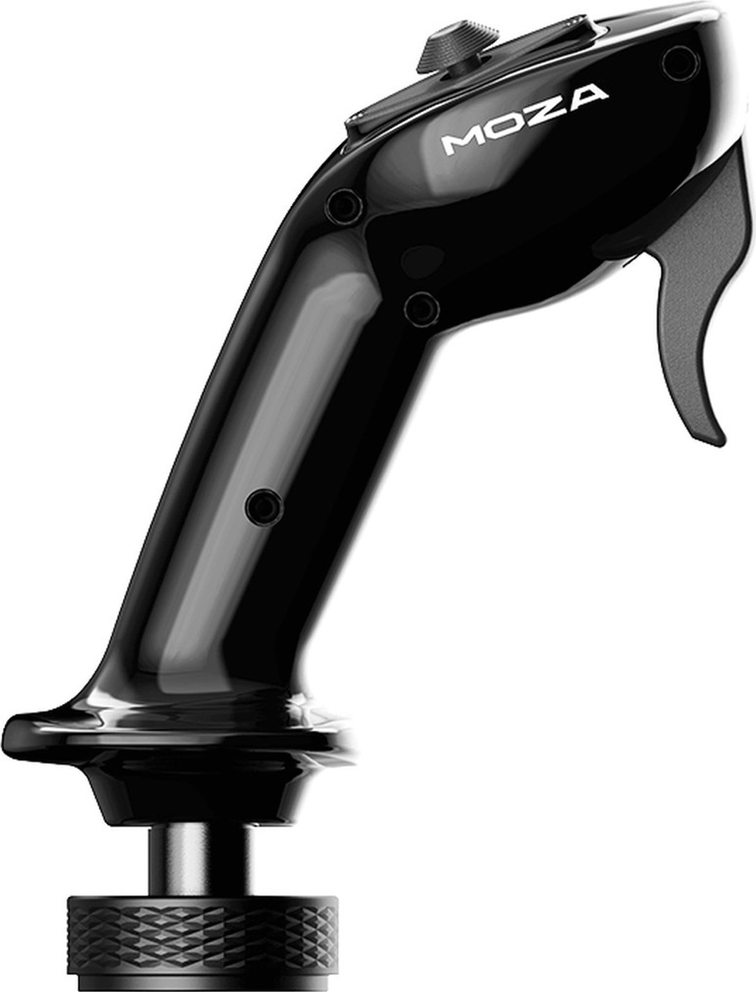 Un joystick nero lucido con pulsanti e logo MOZA.