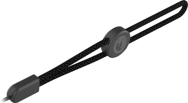 Cordon noir avec un régulateur de sangle gris arborant un logo.