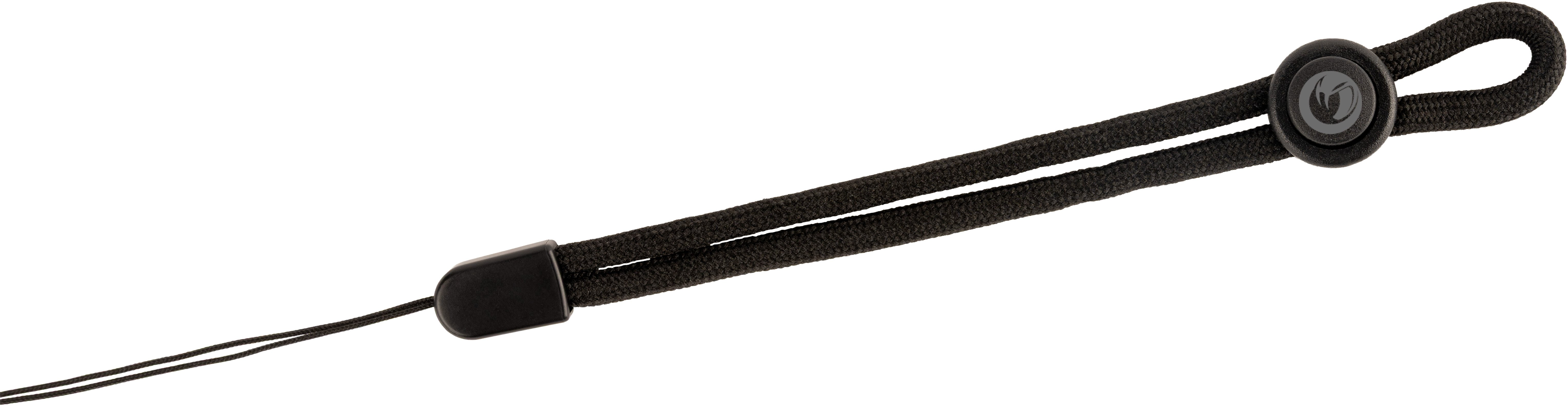Lanière en cordon noir avec curseur réglable et clip logo.