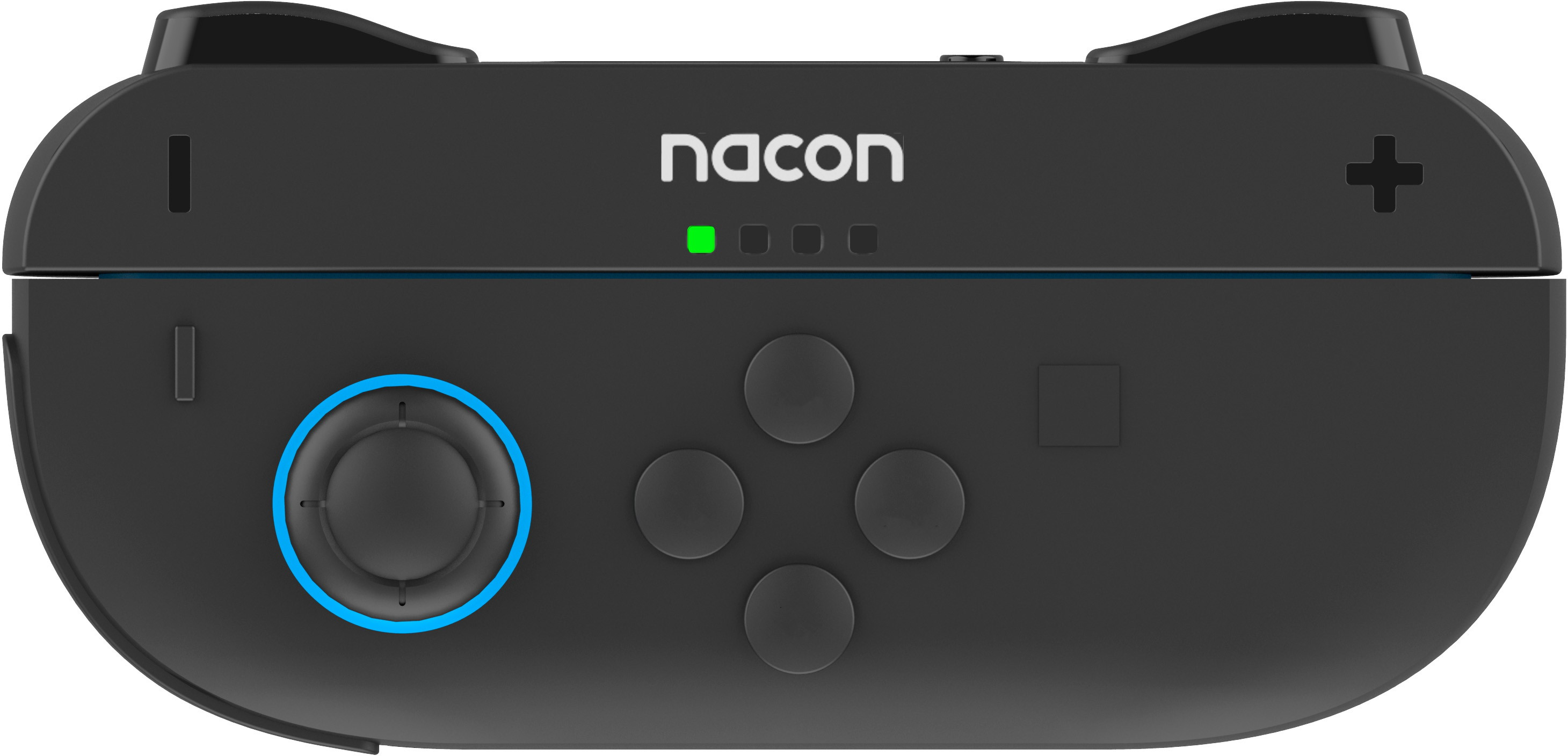 Une manette Nacon noire avec joystick éclairé bleu et LED verte.