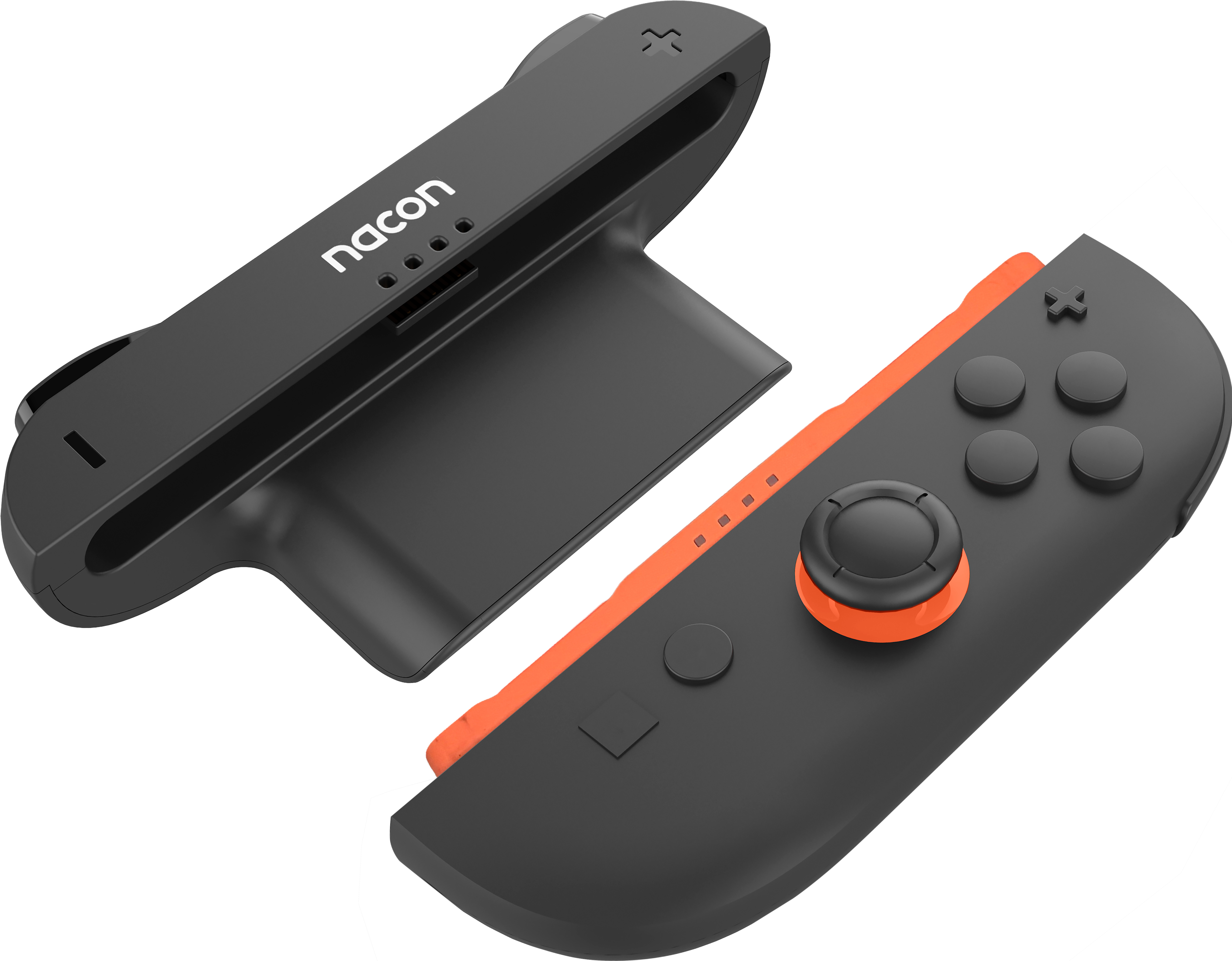 Poignée Nacon noire avec accents orange et éléments de manette.