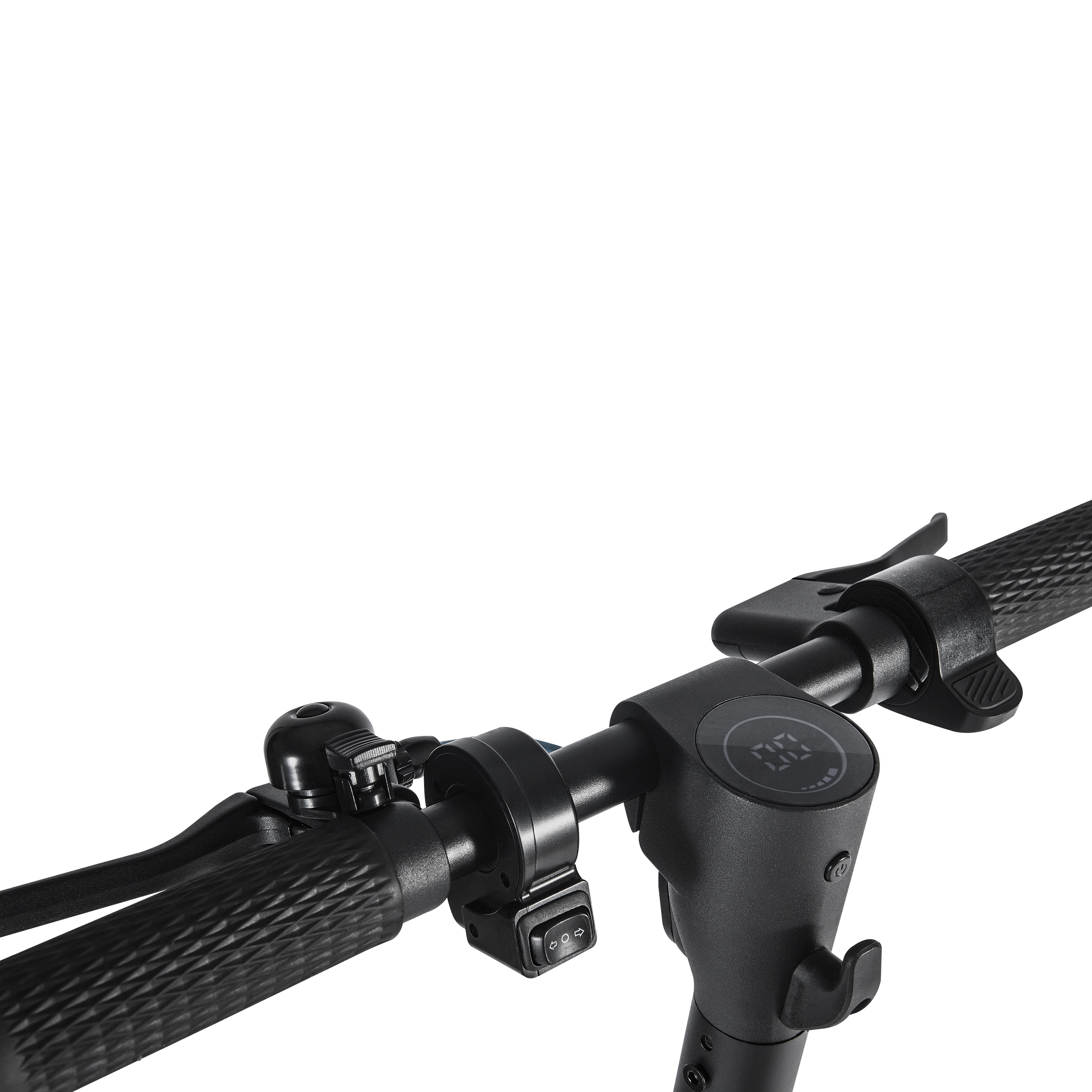 Nahaufnahme des Lenkers eines E-Scooters mit Display und Bedienelementen.