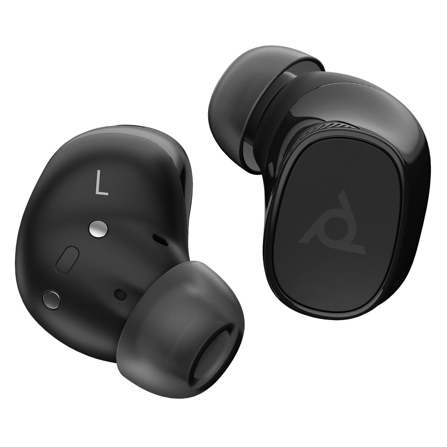 Dos auriculares inalámbricos negros sobre fondo blanco.