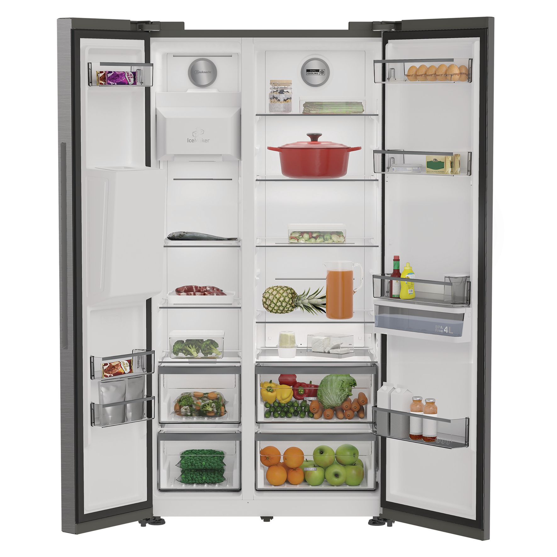 Geöffneter Side-by-Side-Kühlschrank, gefüllt mit Lebensmitteln: Obst, Gemüse, Eier, Fisch, Fleisch, Getränke.