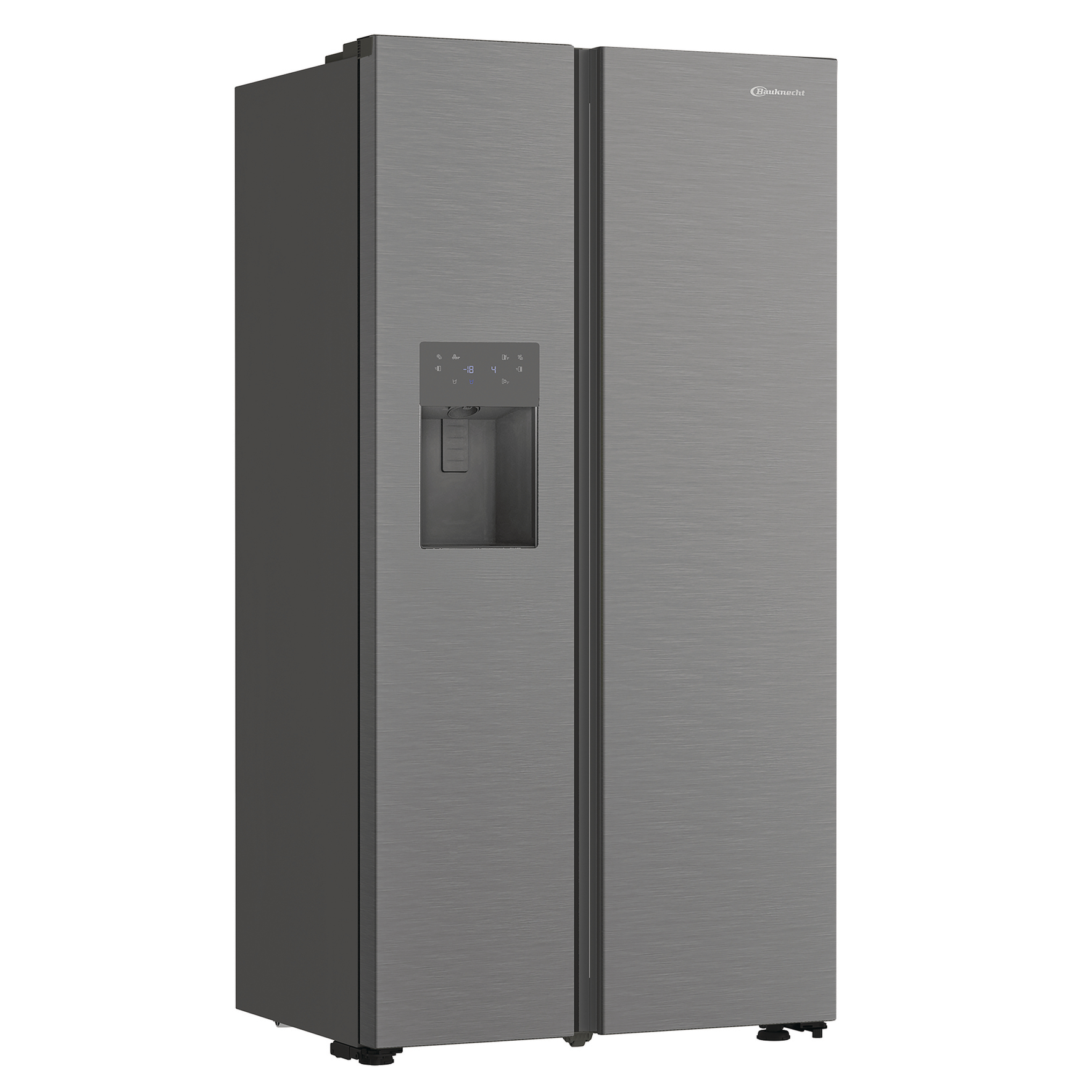 Ein hoher, grauer Side-by-Side-Kühlschrank mit Wasserspender und Digitalanzeige.