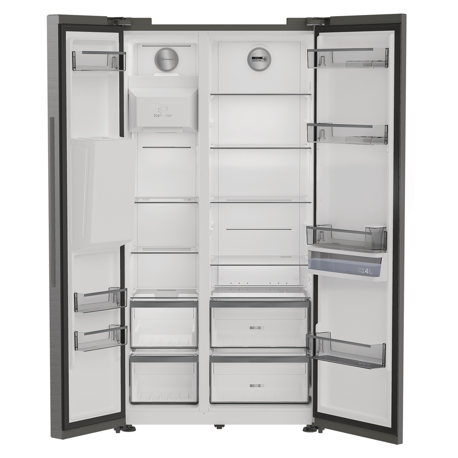 Offener Kühlschrank mit zwei Türen, Innenraum mit Ablagen und Schubladen.