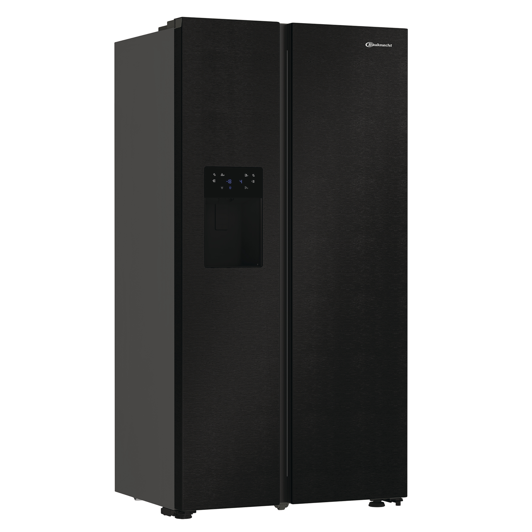 Schwarzer Side-by-Side-Kühlschrank mit Display und Wasserspender.