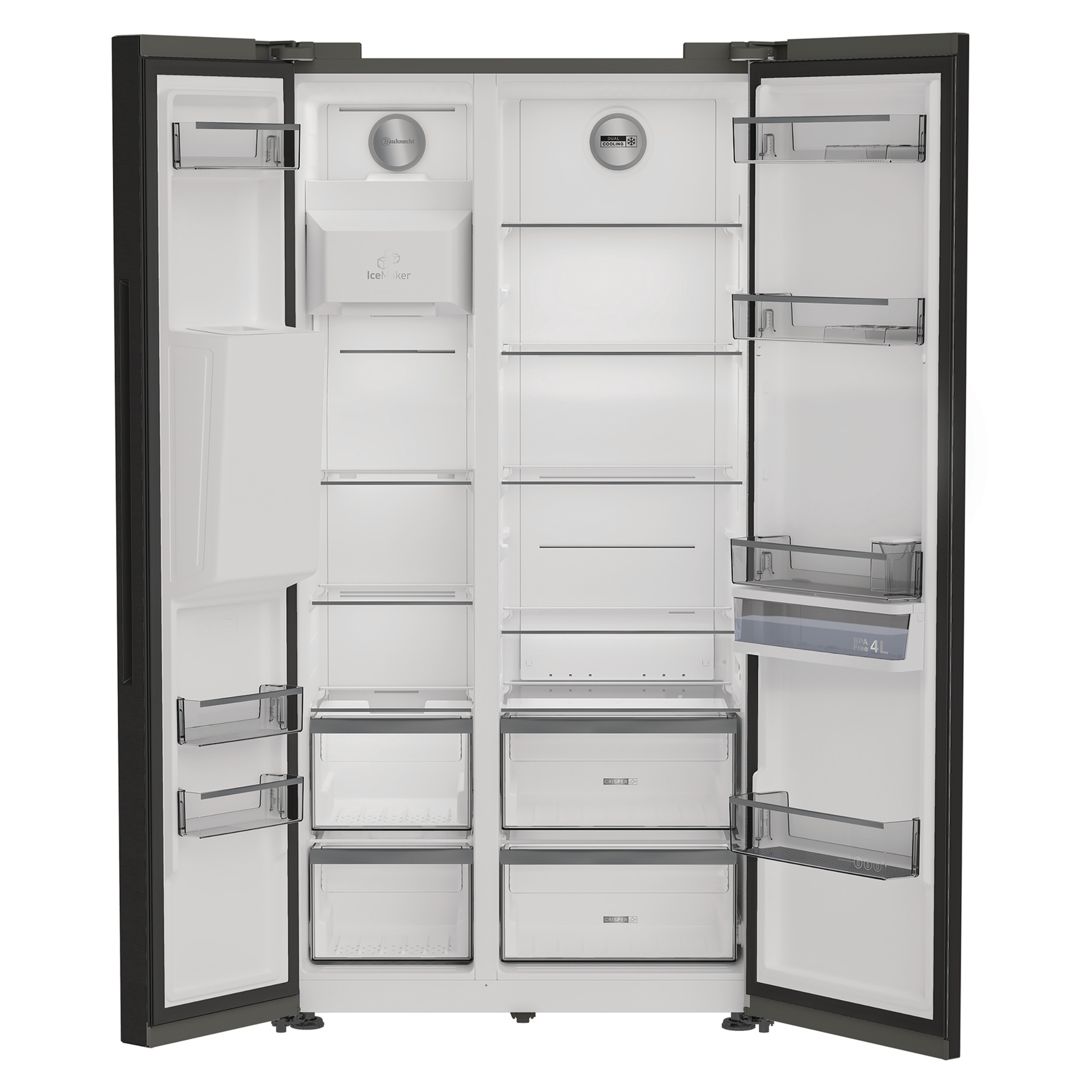 Ein leerer, offener Kühlschrank mit zwei Türen und mehreren Regalen und Schubladen.