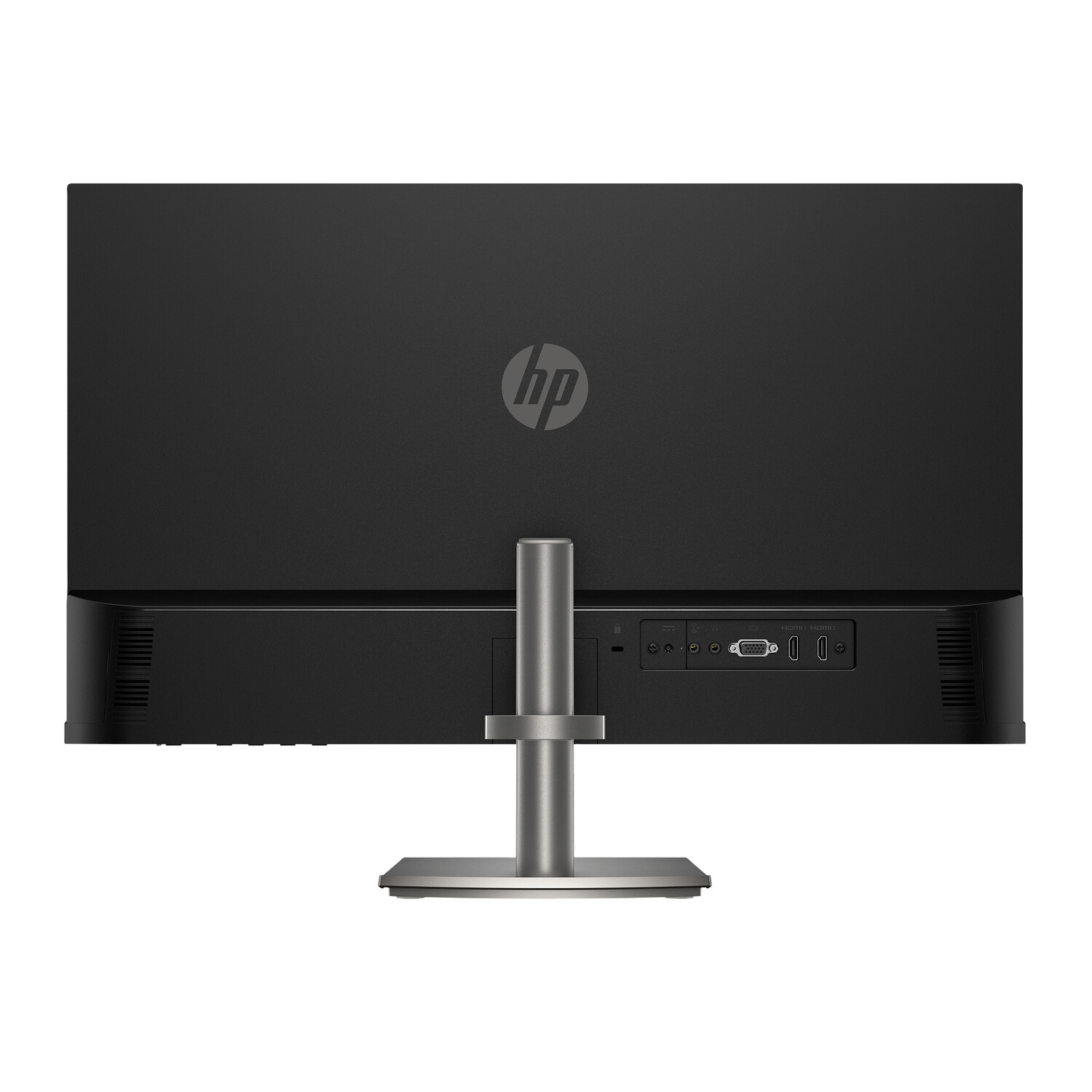 Vista trasera de un monitor HP negro con puertos y soporte. Soporte plateado.