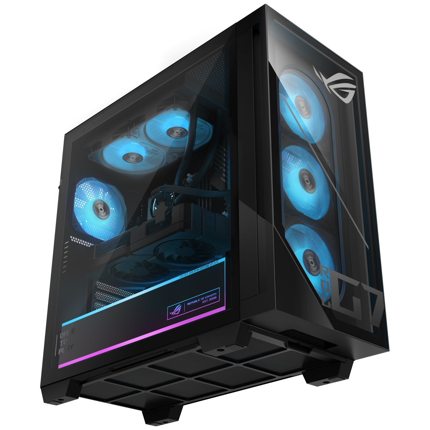 Black gaming PC case with illuminated blue fans and glass side panel.