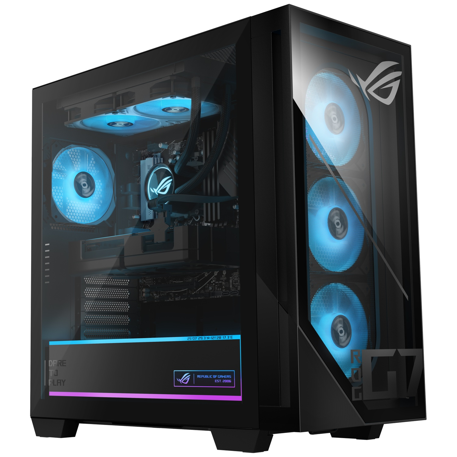 A black PC tower with blue illuminated fans and ROG logo. Coordinates and text visible.