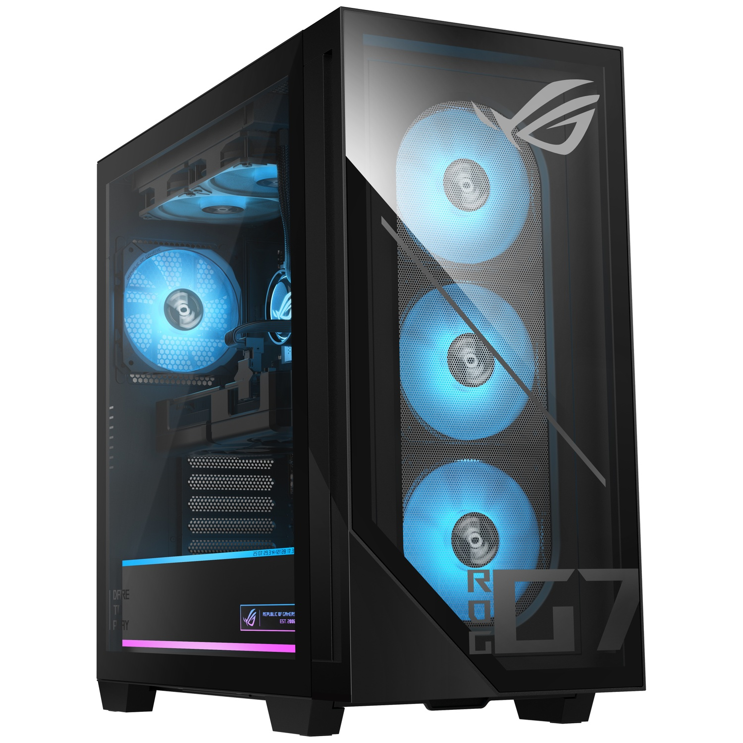 Black PC case with blue fans and glass windows.