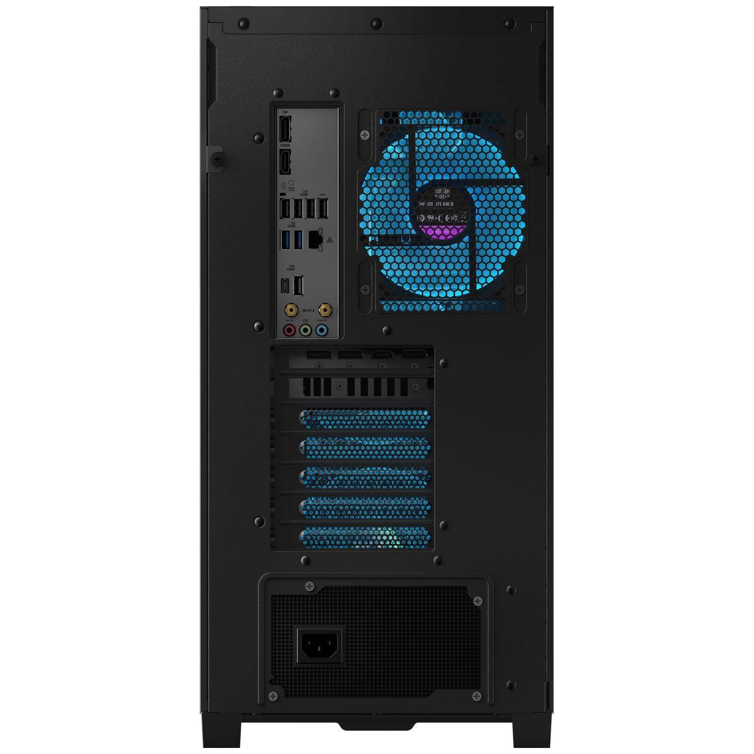 Back of a black computer tower with ports, fans, and power supply.