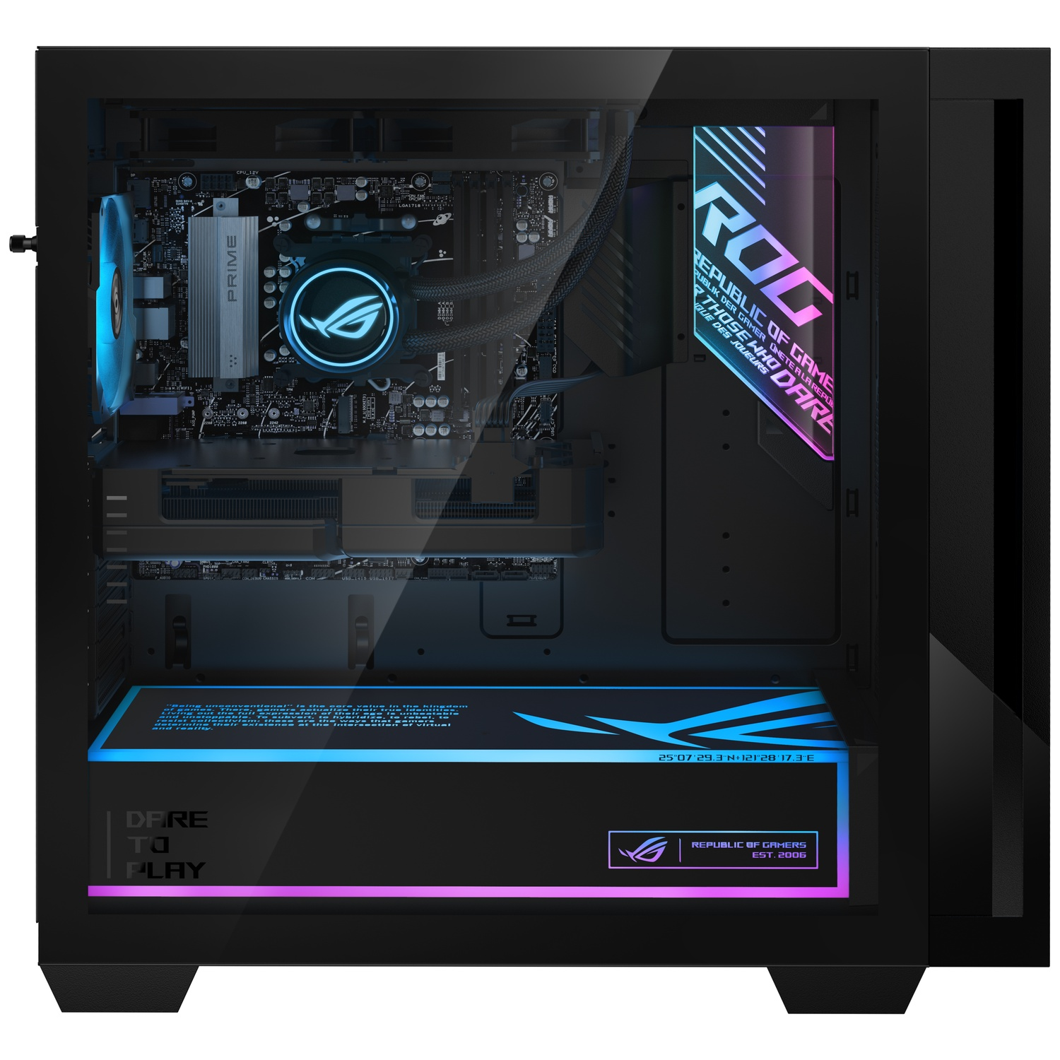 A black PC case with illuminated ROG logos and components inside.