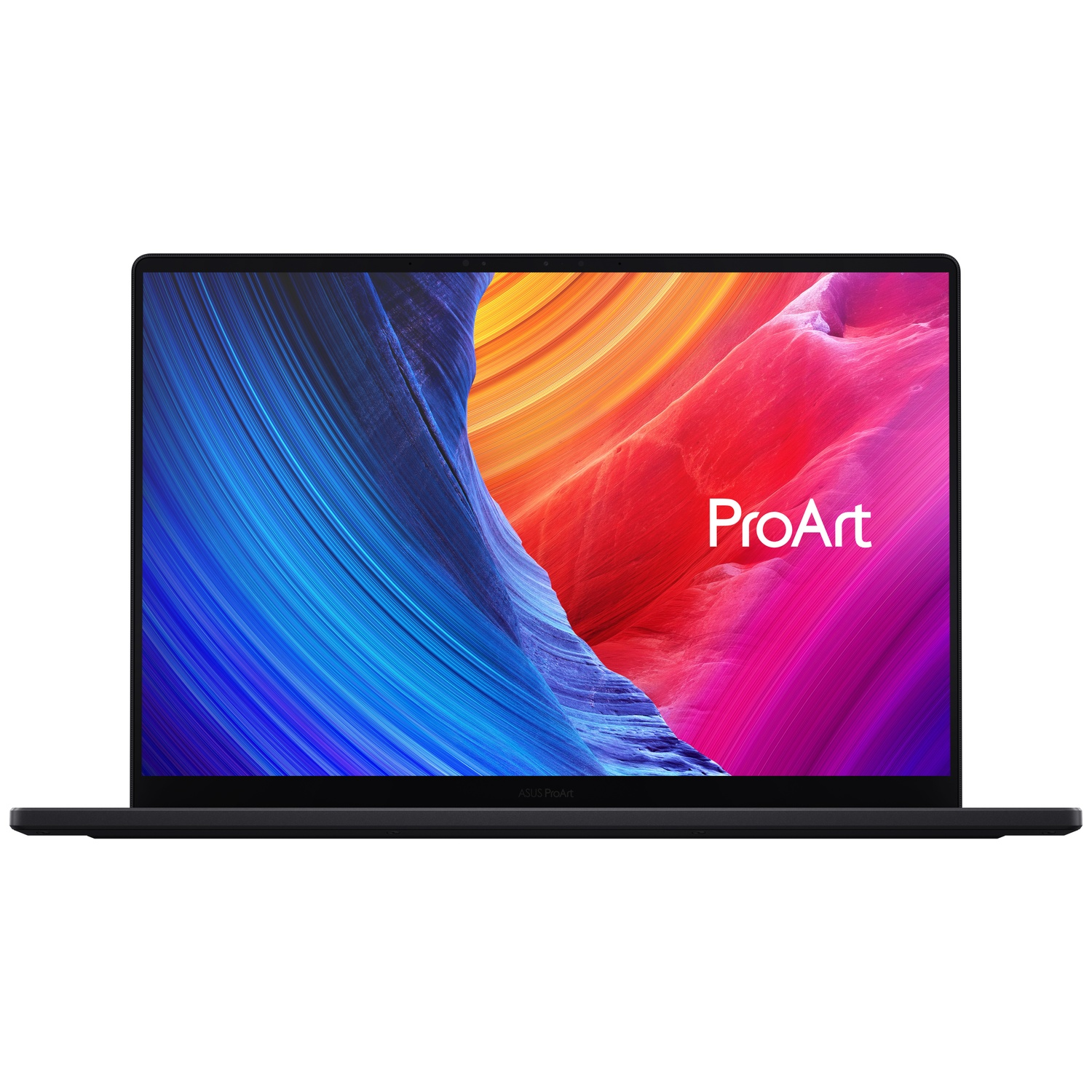 A black Asus ProArt laptop is open, displaying a colorful abstract wallpaper on its screen.