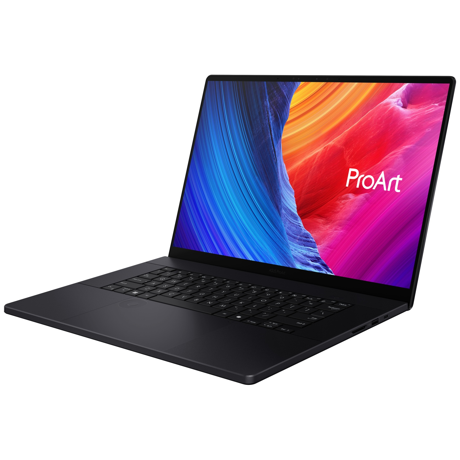 A sleek black ASUS ProArt laptop is open, showing a colorful abstract wallpaper on its screen.