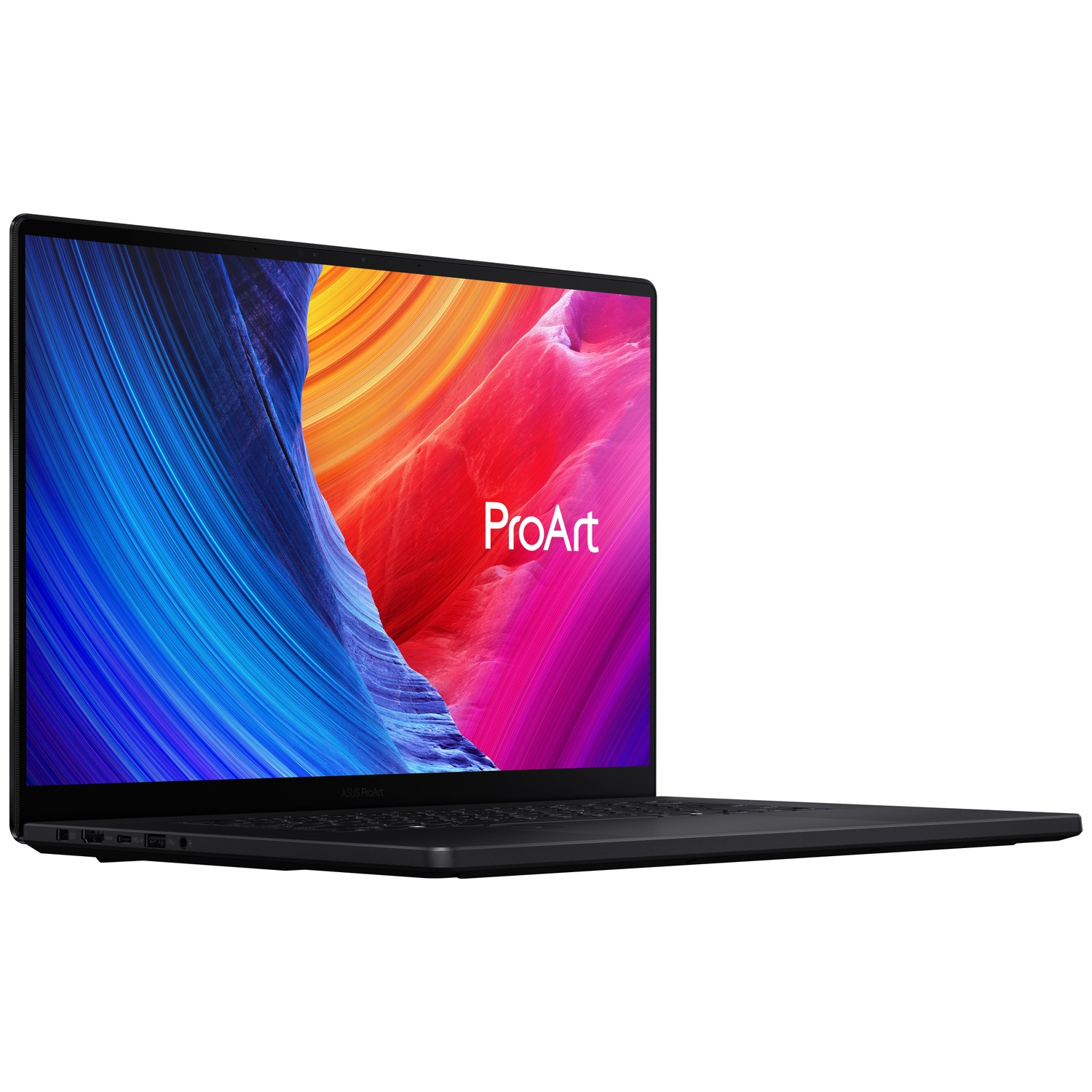 Black laptop with colorful wallpaper, ProArt logo.