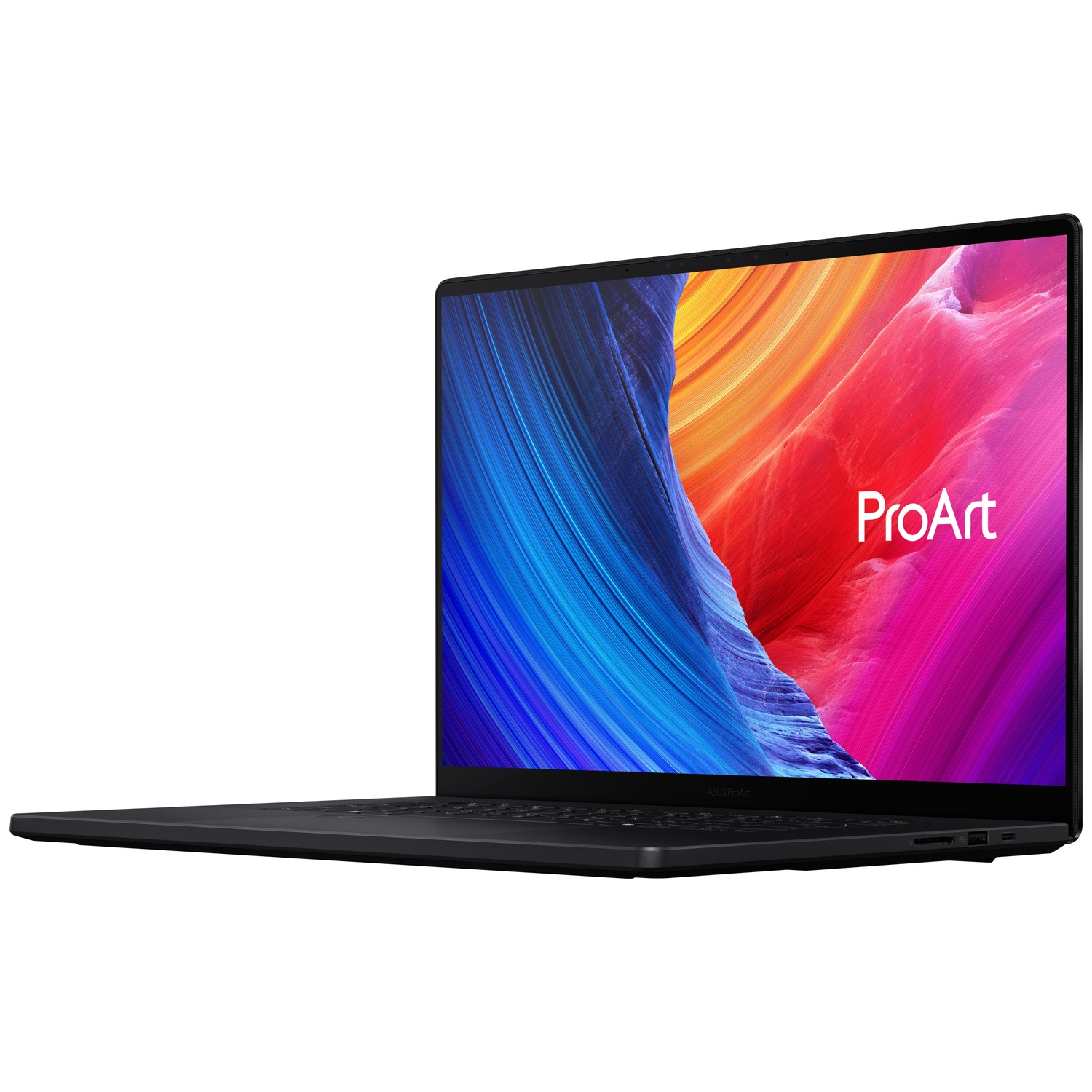Black laptop displaying a colorful wallpaper and the ProArt logo.