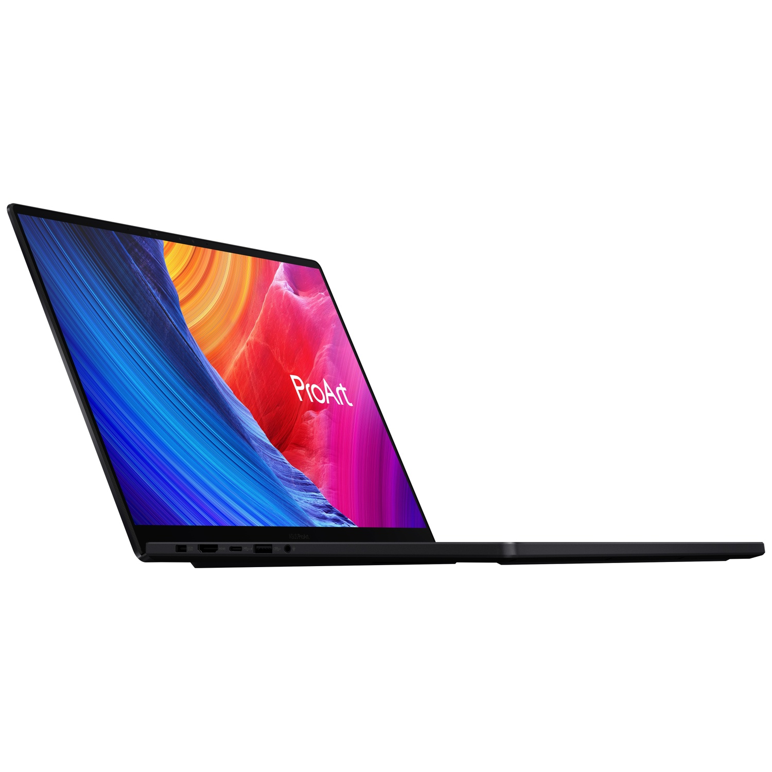 An open black laptop with a colorful wallpaper on its screen.
