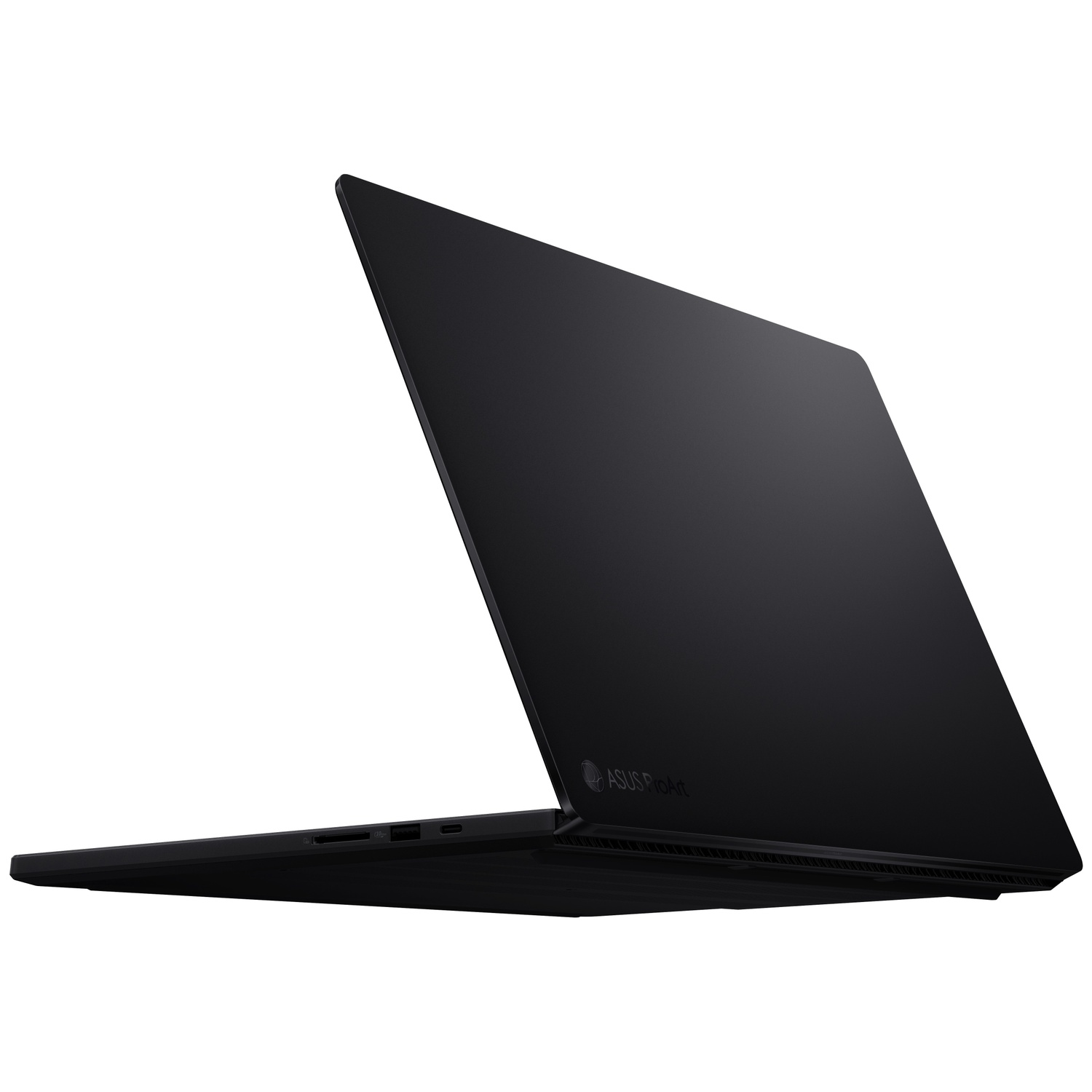 A black laptop with its screen open, viewed from the side against a white background.