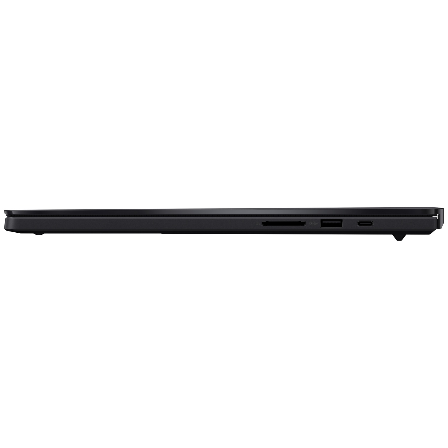 Side view of a black laptop, showing SD card slot and USB-C port.