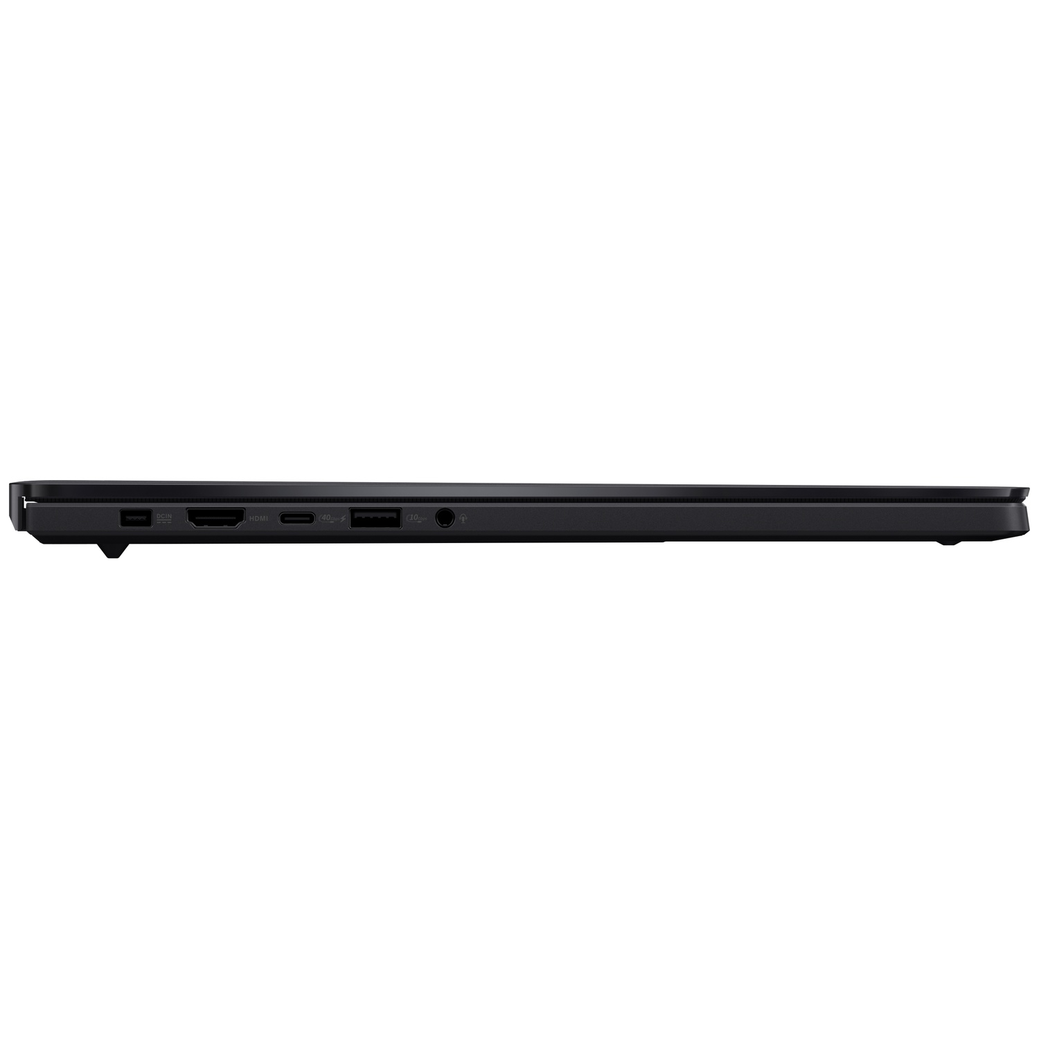 Vue latérale d'un ordinateur portable noir avec ports : DCIN, HDMI, USB-C, USB-A, prise casque.