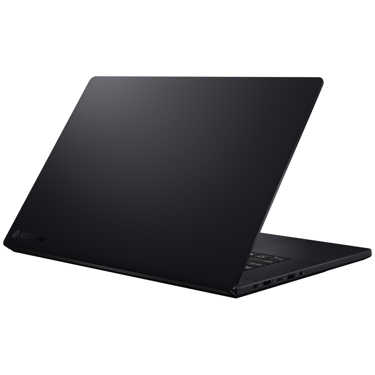 Un ordinateur portable noir, couvercle ouvert, sur fond blanc.
