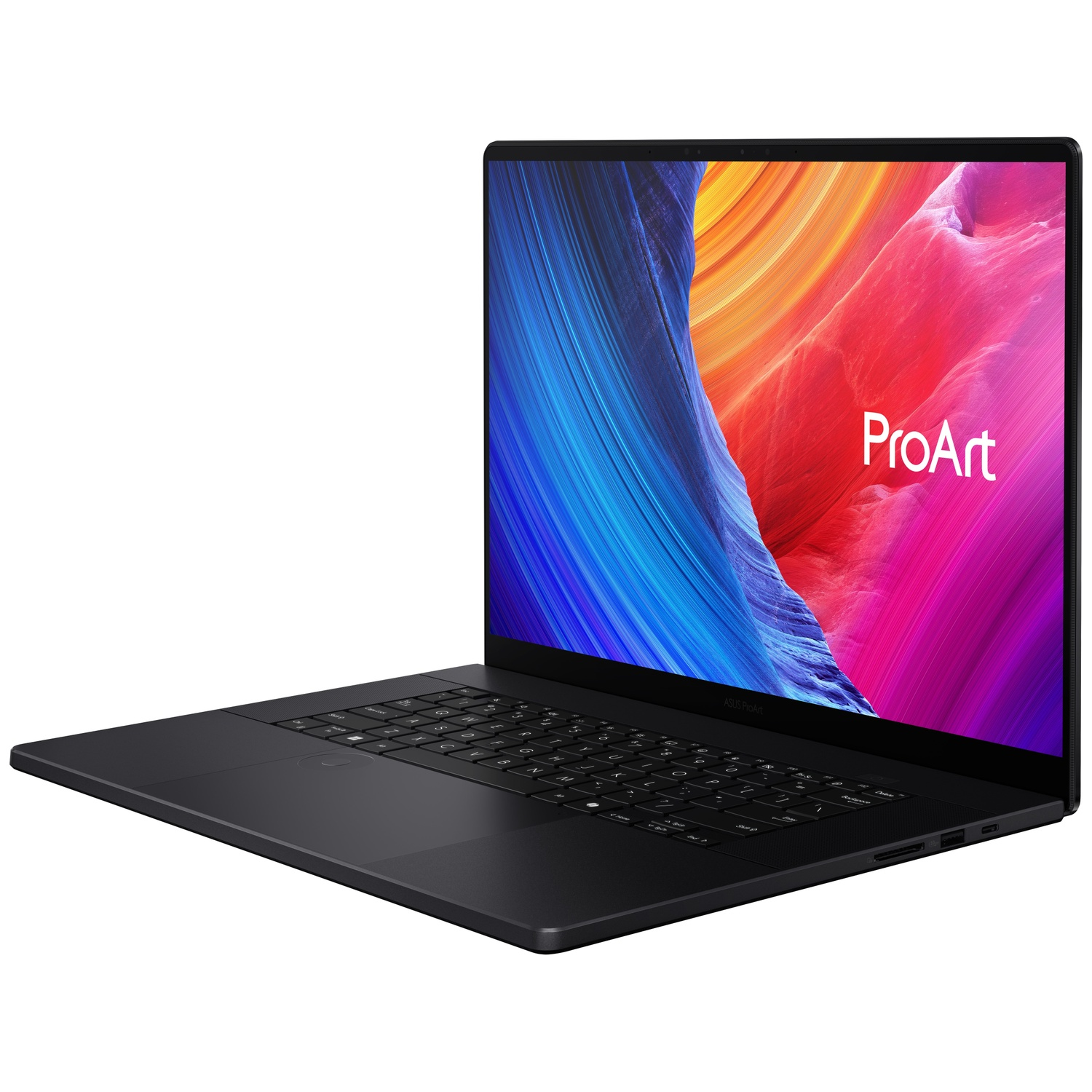 Un ordinateur portable noir avec logo ProArt sur l'écran affichant des motifs abstraits colorés.