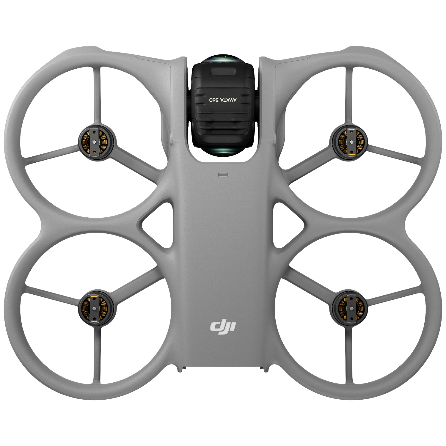 Gray DJI Avata 360 drone body with four propellers and camera on top.