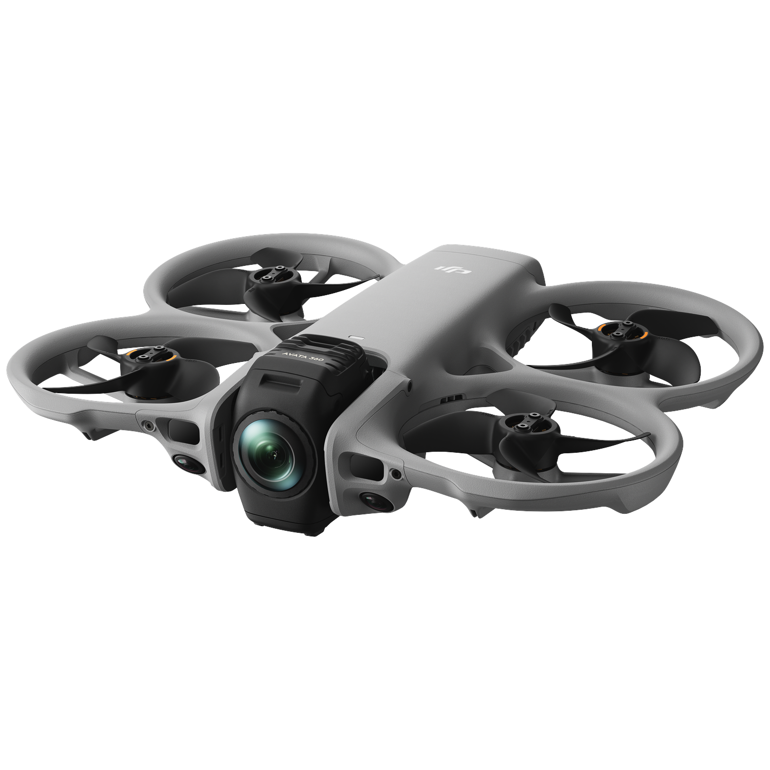 Gray DJI Avata drone with camera and propellers on a white background.