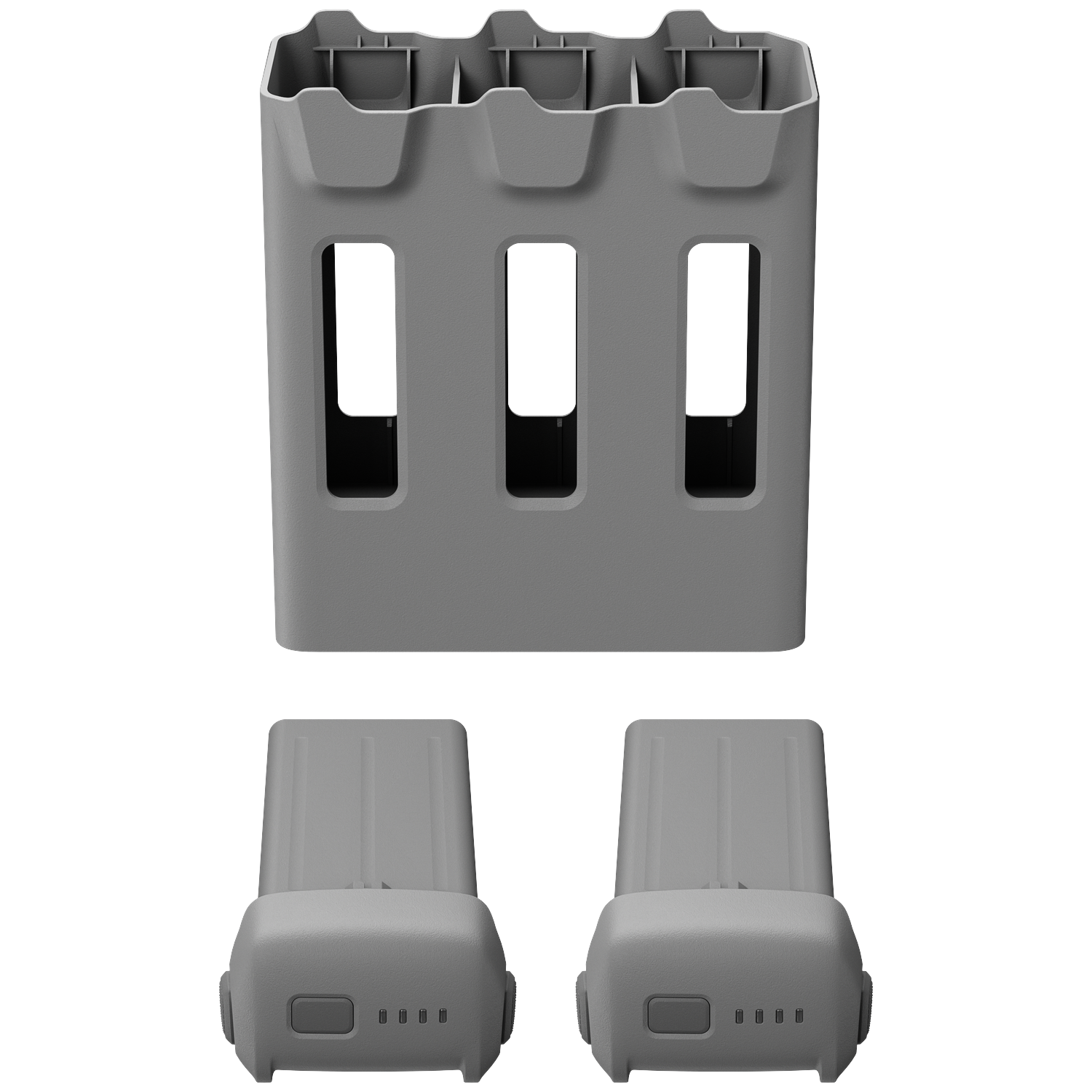 Gray battery holder with three compartments and two batteries below.