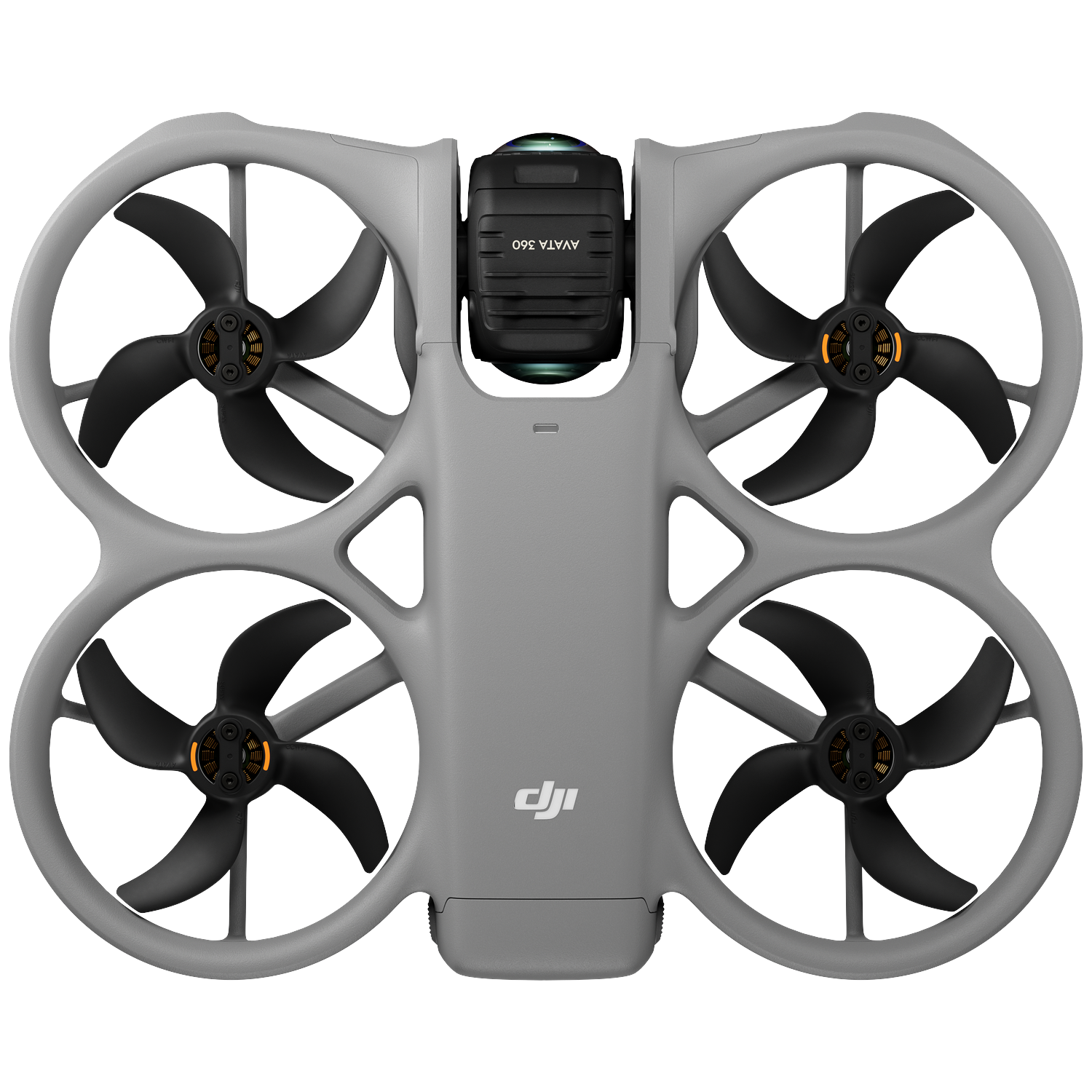 Grijze DJI Avata drone met vier propellers en camera op zwarte achtergrond.