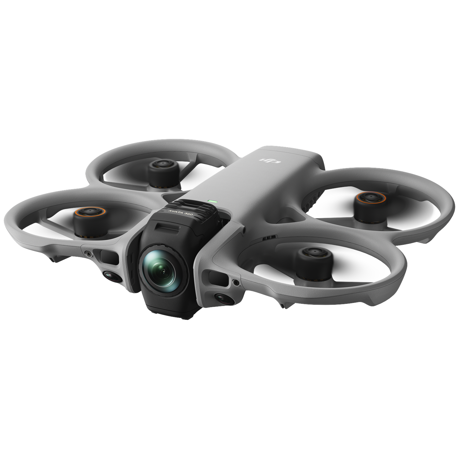 Een grijze drone met zwarte camera en propellers, op witte achtergrond.