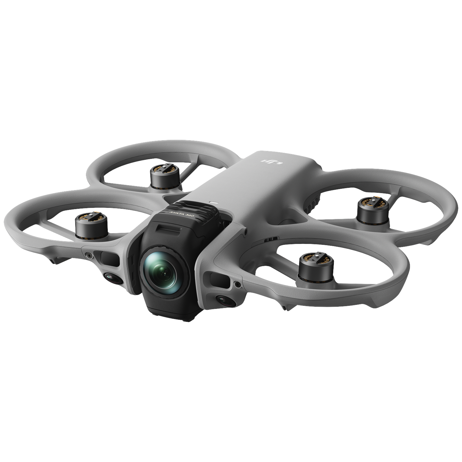 Grijze drone met camera en propellers op witte achtergrond.