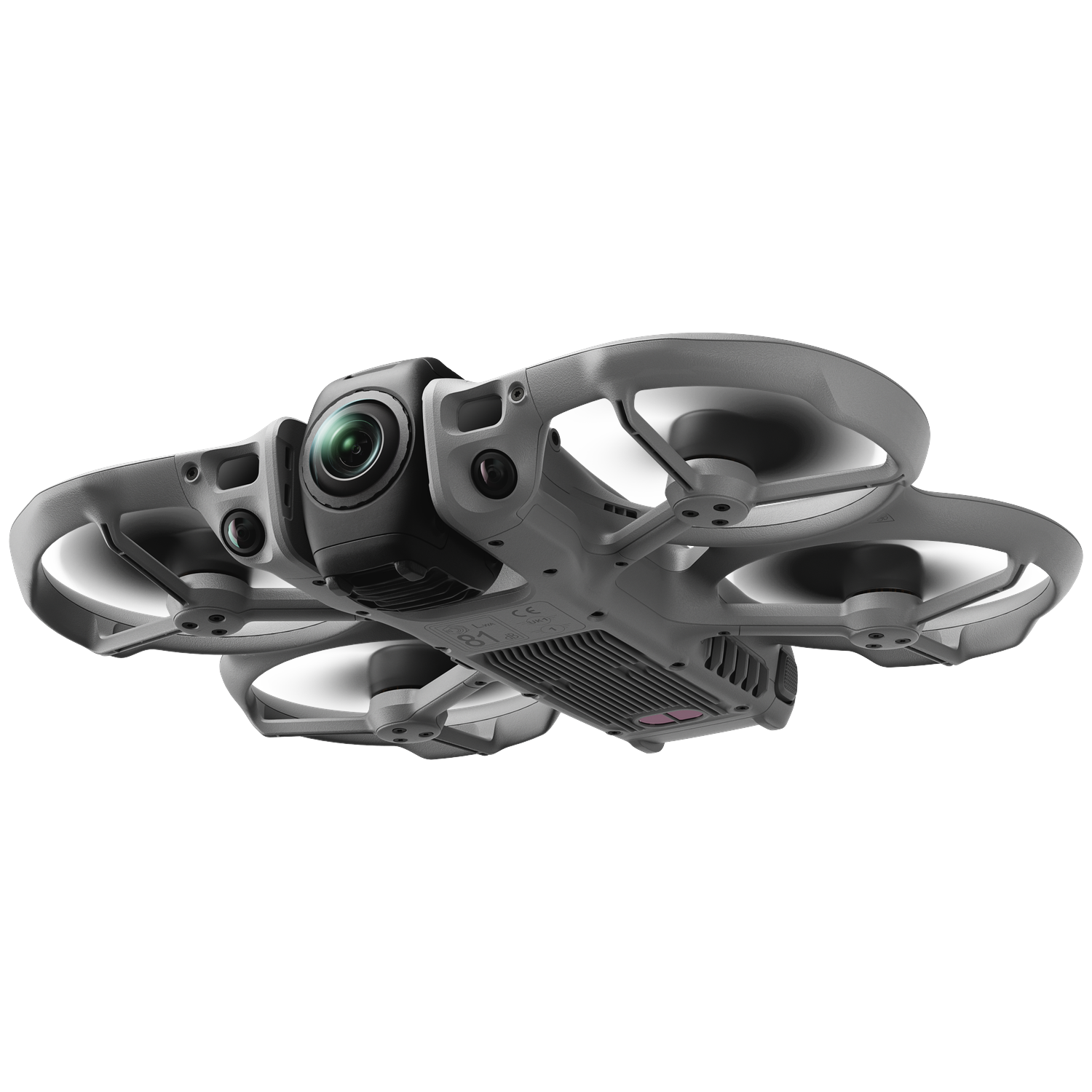 Grijze quadcopter met camera en propellers, geïsoleerd op witte achtergrond.