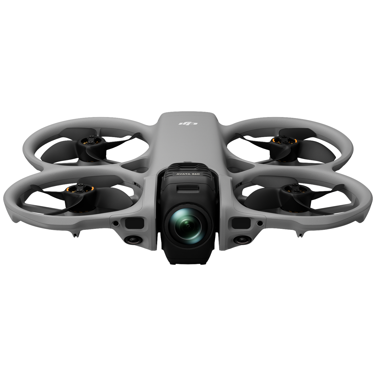 Grijze DJI Avata drone met camera en propellers, geïsoleerd op wit.